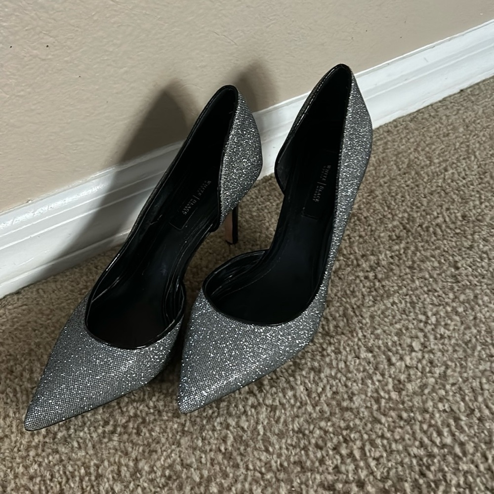 Silver heels with black patten leather heel